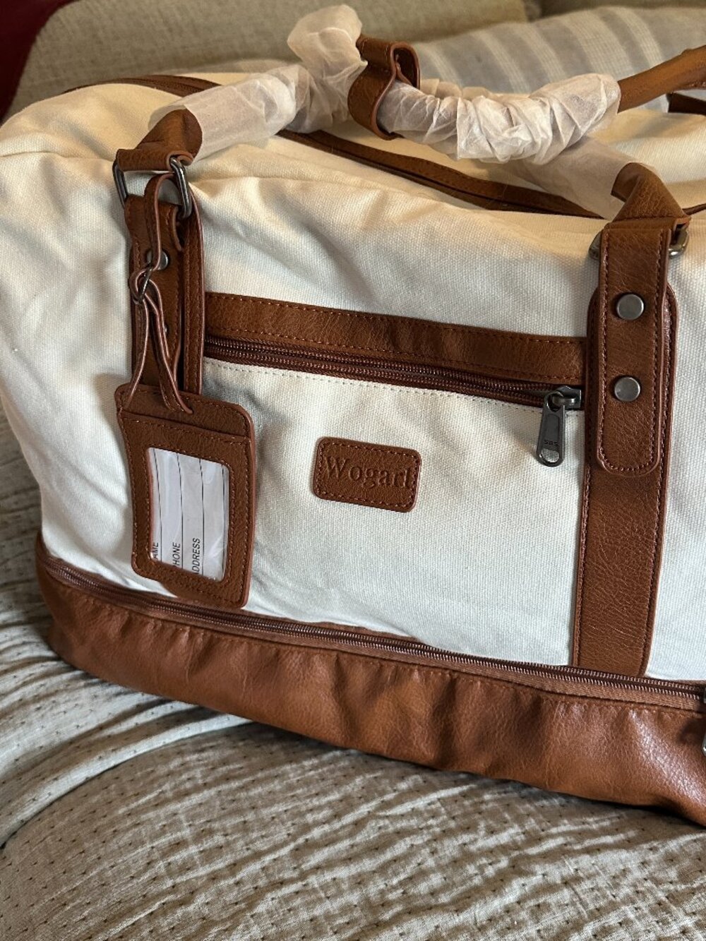 Wogarl Canvas Weekender Bag Brown Faux Leather Trim Travel Duffel Carry On (No S